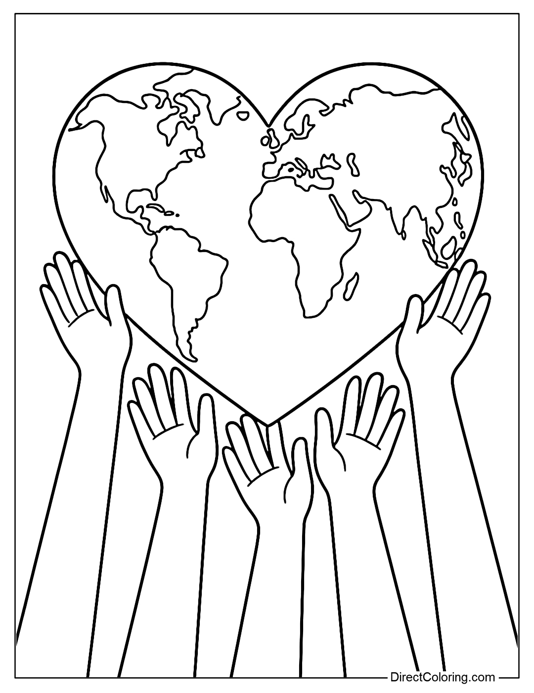 Coloring page of a heart-shaped globe held by hands of different colors.